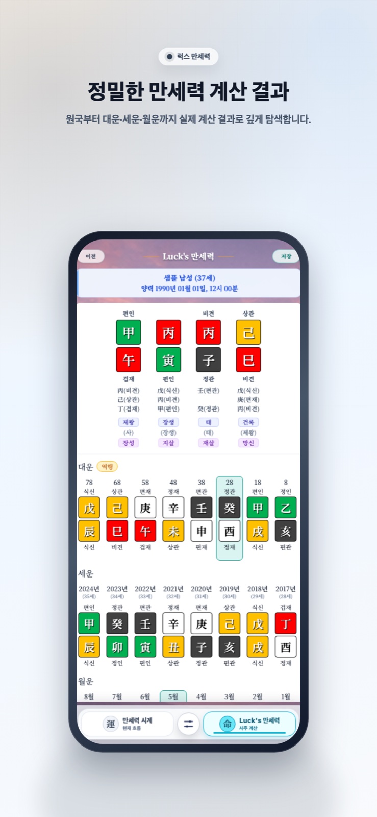 럭스 만세력 계산 결과 화면